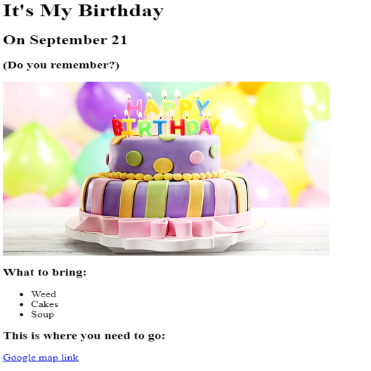 screenshot of birthday party invitation project